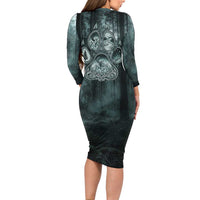 Spirit Guide Wolf Long Sleeve Bodycon Dress with Forest Background Tribal Paw Print with Nature Symbols Native American - Wonder Print Shop