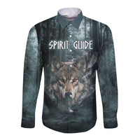 Spirit Guide Wolf Long Sleeve Button Shirt with Forest Background Tribal Paw Print with Nature Symbols Native American - Wonder Print Shop
