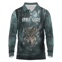 Spirit Guide Wolf Long Sleeve Polo Shirt with Forest Background Tribal Paw Print with Nature Symbols Native American - Wonder Print Shop