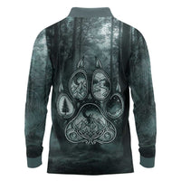 Spirit Guide Wolf Long Sleeve Polo Shirt with Forest Background Tribal Paw Print with Nature Symbols Native American - Wonder Print Shop