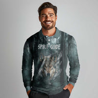 Spirit Guide Wolf Long Sleeve Polo Shirt with Forest Background Tribal Paw Print with Nature Symbols Native American - Wonder Print Shop