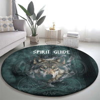 Spirit Guide Wolf Round Carpet with Forest Background Tribal Paw Print with Nature Symbols Native American - Wonder Print Shop