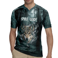 Spirit Guide Wolf Rugby Jersey with Forest Background Tribal Paw Print with Nature Symbols Native American - Wonder Print Shop
