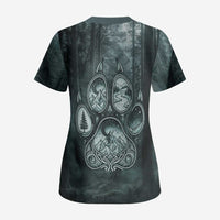 Spirit Guide Wolf Scrub Top with Forest Background Tribal Paw Print with Nature Symbols Native American - Wonder Print Shop