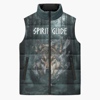 Spirit Guide Wolf Sleeveless Puffer Jacket with Forest Background Tribal Paw Print with Nature Symbols Native American - Wonder Print Shop