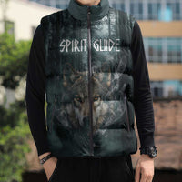 Spirit Guide Wolf Sleeveless Puffer Jacket with Forest Background Tribal Paw Print with Nature Symbols Native American - Wonder Print Shop