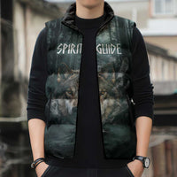 Spirit Guide Wolf Sleeveless Puffer Jacket with Forest Background Tribal Paw Print with Nature Symbols Native American - Wonder Print Shop