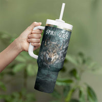 Spirit Guide Wolf Tumbler With Handle with Forest Background Tribal Paw Print with Nature Symbols Native American - Wonder Print Shop