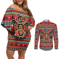 Thunderbird Totem Couples Matching Off Shoulder Short Dress and Long Sleeve Button Shirt Native American Geometric Tribal - Pacific Northwest Indigenous Art - Wonder Print Shop