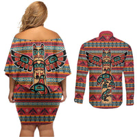 Thunderbird Totem Couples Matching Off Shoulder Short Dress and Long Sleeve Button Shirt Native American Geometric Tribal - Pacific Northwest Indigenous Art - Wonder Print Shop