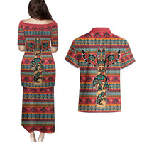Thunderbird Totem Couples Matching Puletasi and Hawaiian Shirt Native American Geometric Tribal - Pacific Northwest Indigenous Art - Wonder Print Shop