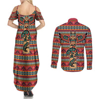 Thunderbird Totem Couples Matching Summer Maxi Dress and Long Sleeve Button Shirt Native American Geometric Tribal - Pacific Northwest Indigenous Art - Wonder Print Shop