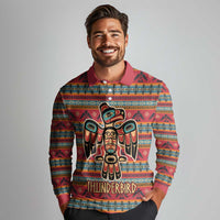 Thunderbird Totem Long Sleeve Polo Shirt Native American Geometric Tribal - Pacific Northwest Indigenous Art - Wonder Print Shop