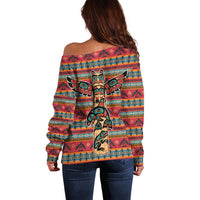 Thunderbird Totem Off Shoulder Sweater Native American Geometric Tribal - Pacific Northwest Indigenous Art - Wonder Print Shop