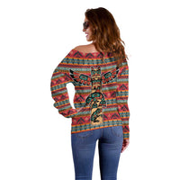 Thunderbird Totem Off Shoulder Sweater Native American Geometric Tribal - Pacific Northwest Indigenous Art - Wonder Print Shop