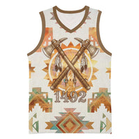 Native American Headdress and Tomahawk Basketball Jersey with 1492 Symbolic Date Traditional Feather Motif Indigenous Heritage - Wonder Print Shop