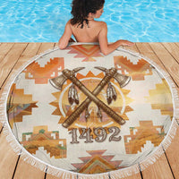 Native American Headdress and Tomahawk Beach Blanket with 1492 Symbolic Date Traditional Feather Motif Indigenous Heritage - Wonder Print Shop