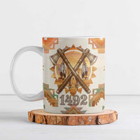 Native American Headdress and Tomahawk Ceramic Mug with 1492 Symbolic Date Traditional Feather Motif Indigenous Heritage - Wonder Print Shop