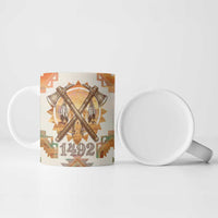 Native American Headdress and Tomahawk Ceramic Mug with 1492 Symbolic Date Traditional Feather Motif Indigenous Heritage - Wonder Print Shop
