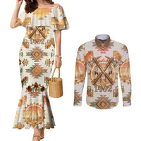 Native American Headdress and Tomahawk Couples Matching Mermaid Dress and Long Sleeve Button Shirt with 1492 Symbolic Date Traditional Feather Motif Indigenous Heritage - Wonder Print Shop