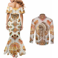 Native American Headdress and Tomahawk Couples Matching Mermaid Dress and Long Sleeve Button Shirt with 1492 Symbolic Date Traditional Feather Motif Indigenous Heritage - Wonder Print Shop