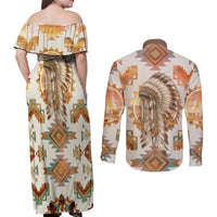 Native American Headdress and Tomahawk Couples Matching Off Shoulder Maxi Dress and Long Sleeve Button Shirt with 1492 Symbolic Date Traditional Feather Motif Indigenous Heritage - Wonder Print Shop