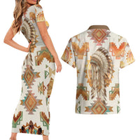 Native American Headdress and Tomahawk Couples Matching Short Sleeve Bodycon Dress and Hawaiian Shirt with 1492 Symbolic Date Traditional Feather Motif Indigenous Heritage - Wonder Print Shop