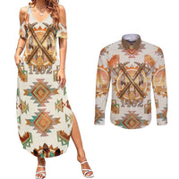 Native American Headdress and Tomahawk Couples Matching Summer Maxi Dress and Long Sleeve Button Shirt with 1492 Symbolic Date Traditional Feather Motif Indigenous Heritage - Wonder Print Shop