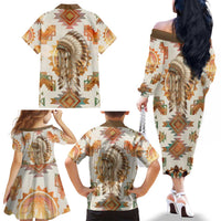 Native American Headdress and Tomahawk Family Matching Off The Shoulder Long Sleeve Dress and Hawaiian Shirt with 1492 Symbolic Date Traditional Feather Motif Indigenous Heritage - Wonder Print Shop