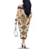 Native American Headdress and Tomahawk Family Matching Off The Shoulder Long Sleeve Dress and Hawaiian Shirt with 1492 Symbolic Date Traditional Feather Motif Indigenous Heritage - Wonder Print Shop