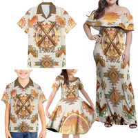 Native American Headdress and Tomahawk Family Matching Off Shoulder Maxi Dress and Hawaiian Shirt with 1492 Symbolic Date Traditional Feather Motif Indigenous Heritage - Wonder Print Shop