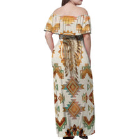 Native American Headdress and Tomahawk Family Matching Off Shoulder Maxi Dress and Hawaiian Shirt with 1492 Symbolic Date Traditional Feather Motif Indigenous Heritage - Wonder Print Shop