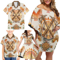 Native American Headdress and Tomahawk Family Matching Off Shoulder Short Dress and Hawaiian Shirt with 1492 Symbolic Date Traditional Feather Motif Indigenous Heritage - Wonder Print Shop