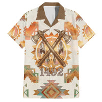 Native American Headdress and Tomahawk Family Matching Short Sleeve Bodycon Dress and Hawaiian Shirt with 1492 Symbolic Date Traditional Feather Motif Indigenous Heritage - Wonder Print Shop