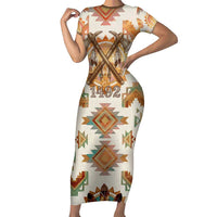 Native American Headdress and Tomahawk Family Matching Short Sleeve Bodycon Dress and Hawaiian Shirt with 1492 Symbolic Date Traditional Feather Motif Indigenous Heritage - Wonder Print Shop