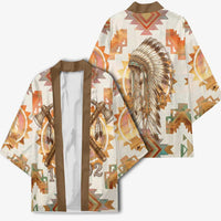 Native American Headdress and Tomahawk Kimono with 1492 Symbolic Date Traditional Feather Motif Indigenous Heritage - Wonder Print Shop