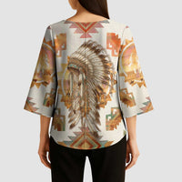 Native American Headdress and Tomahawk Kimono Sleeve Blouse with 1492 Symbolic Date Traditional Feather Motif Indigenous Heritage - Wonder Print Shop