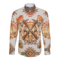 Native American Headdress and Tomahawk Long Sleeve Button Shirt with 1492 Symbolic Date Traditional Feather Motif Indigenous Heritage - Wonder Print Shop