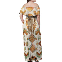 Native American Headdress and Tomahawk Off Shoulder Maxi Dress with 1492 Symbolic Date Traditional Feather Motif Indigenous Heritage - Wonder Print Shop