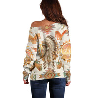 Native American Headdress and Tomahawk Off Shoulder Sweater with 1492 Symbolic Date Traditional Feather Motif Indigenous Heritage - Wonder Print Shop