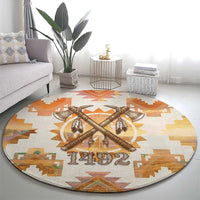 Native American Headdress and Tomahawk Round Carpet with 1492 Symbolic Date Traditional Feather Motif Indigenous Heritage - Wonder Print Shop