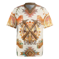 Native American Headdress and Tomahawk Rugby Jersey with 1492 Symbolic Date Traditional Feather Motif Indigenous Heritage - Wonder Print Shop