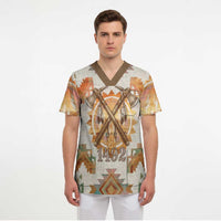 Native American Headdress and Tomahawk Scrub Top with 1492 Symbolic Date Traditional Feather Motif Indigenous Heritage - undefined