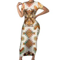 Native American Headdress and Tomahawk Short Sleeve Bodycon Dress with 1492 Symbolic Date Traditional Feather Motif Indigenous Heritage - Wonder Print Shop