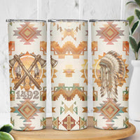 Native American Headdress and Tomahawk Skinny Tumbler with 1492 Symbolic Date Traditional Feather Motif Indigenous Heritage - Wonder Print Shop