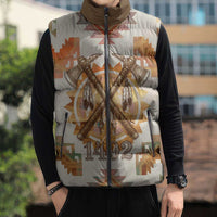 Native American Headdress and Tomahawk Sleeveless Puffer Jacket with 1492 Symbolic Date Traditional Feather Motif Indigenous Heritage - Wonder Print Shop