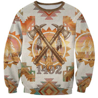 Native American Headdress and Tomahawk Sweatshirt with 1492 Symbolic Date Traditional Feather Motif Indigenous Heritage - Wonder Print Shop