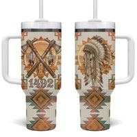 Native American Headdress and Tomahawk Tumbler With Handle with 1492 Symbolic Date Traditional Feather Motif Indigenous Heritage - Wonder Print Shop