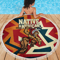Native American Warrior Beach Blanket with Tribal Geometric Pattern Bold Sunset Mountain - Wonder Print Shop