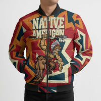 Native American Warrior Bomber Puffer Jacket with Tribal Geometric Pattern Bold Sunset Mountain - Wonder Print Shop